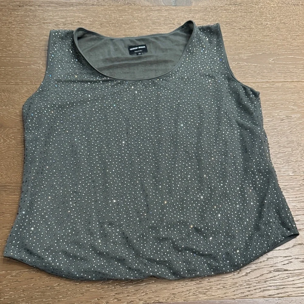 Giorgio Armani Crystal Embellished Sleeveless Top Olive Green Silk Blend Size 48 - Picture 2 of 5